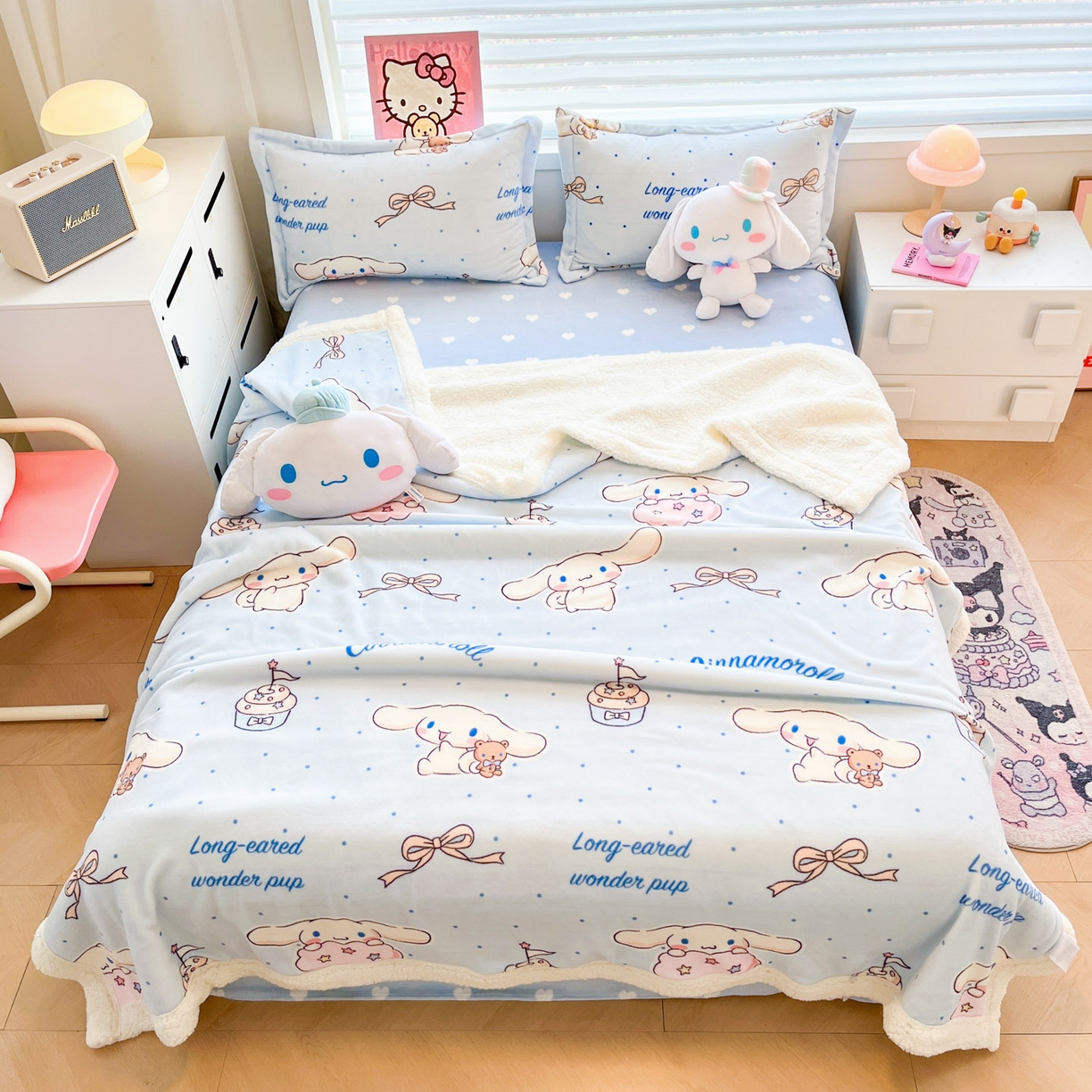 91家纺网 家纺一手货源 找家纺 暮思家居 2025新款三丽鸥正版授权少女可爱卡通加厚牛奶绒羊羔绒毛毯多功能四季毛毯四件套 羊羔绒-点点玉桂狗