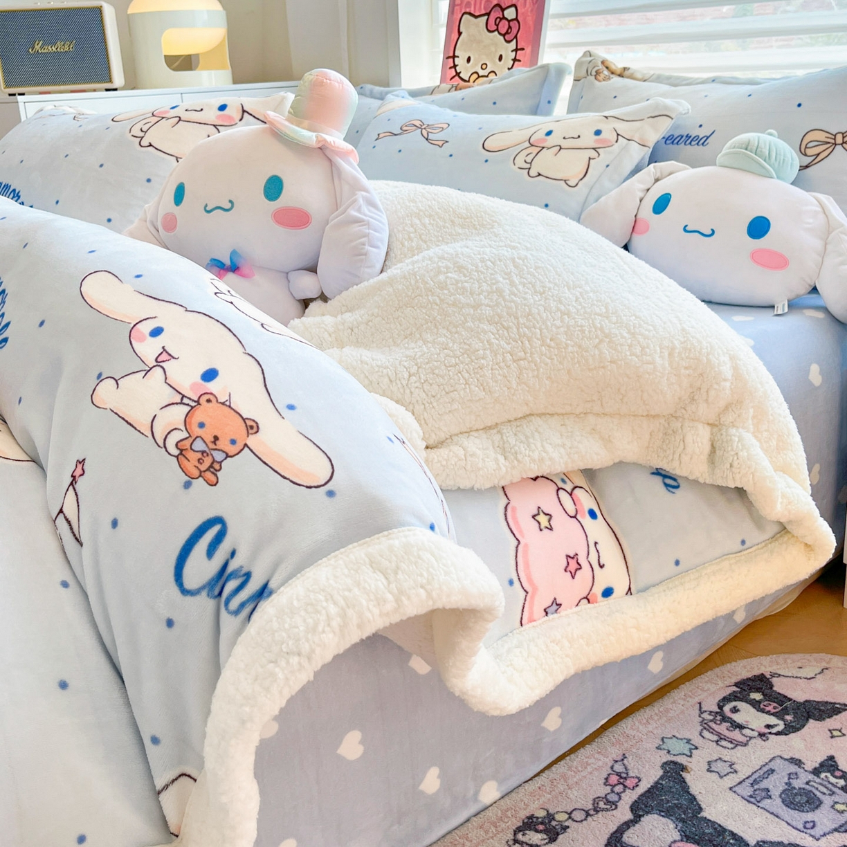 91家纺网 家纺一手货源 找家纺 （总）暮思家居 2025新款三丽鸥正版授权少女可爱卡通加厚牛奶绒羊羔绒毛毯多功能四季毛毯四件套