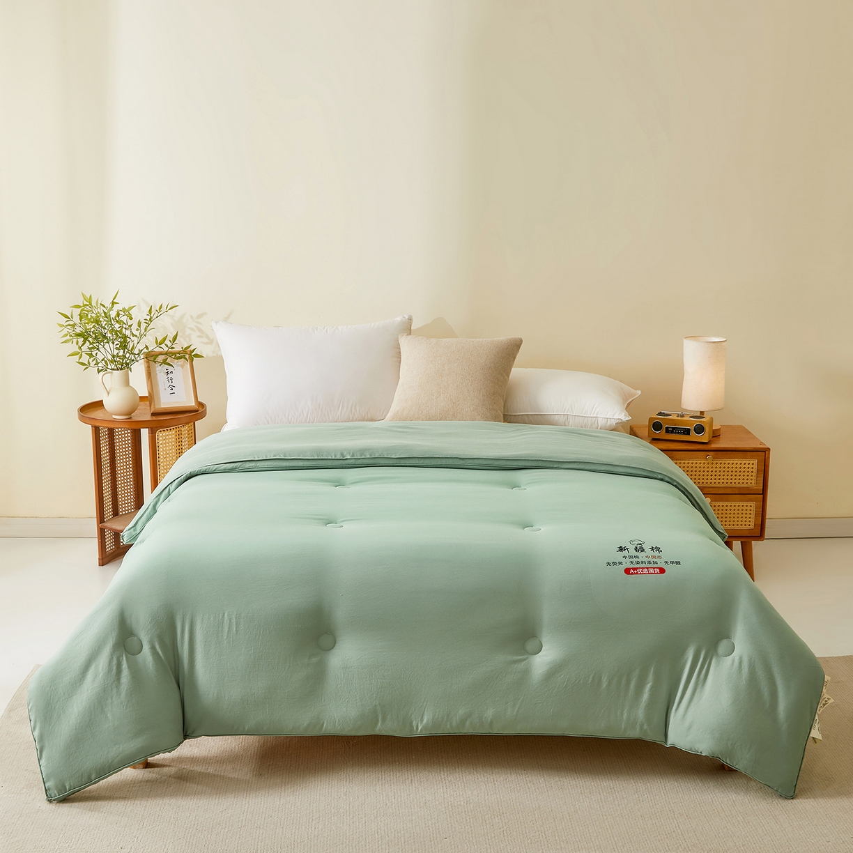 91家纺网 家纺一手货源 找家纺 逸居家纺 2025新款A类立体新疆棉花被子被芯 立体棉花被 青雅绿