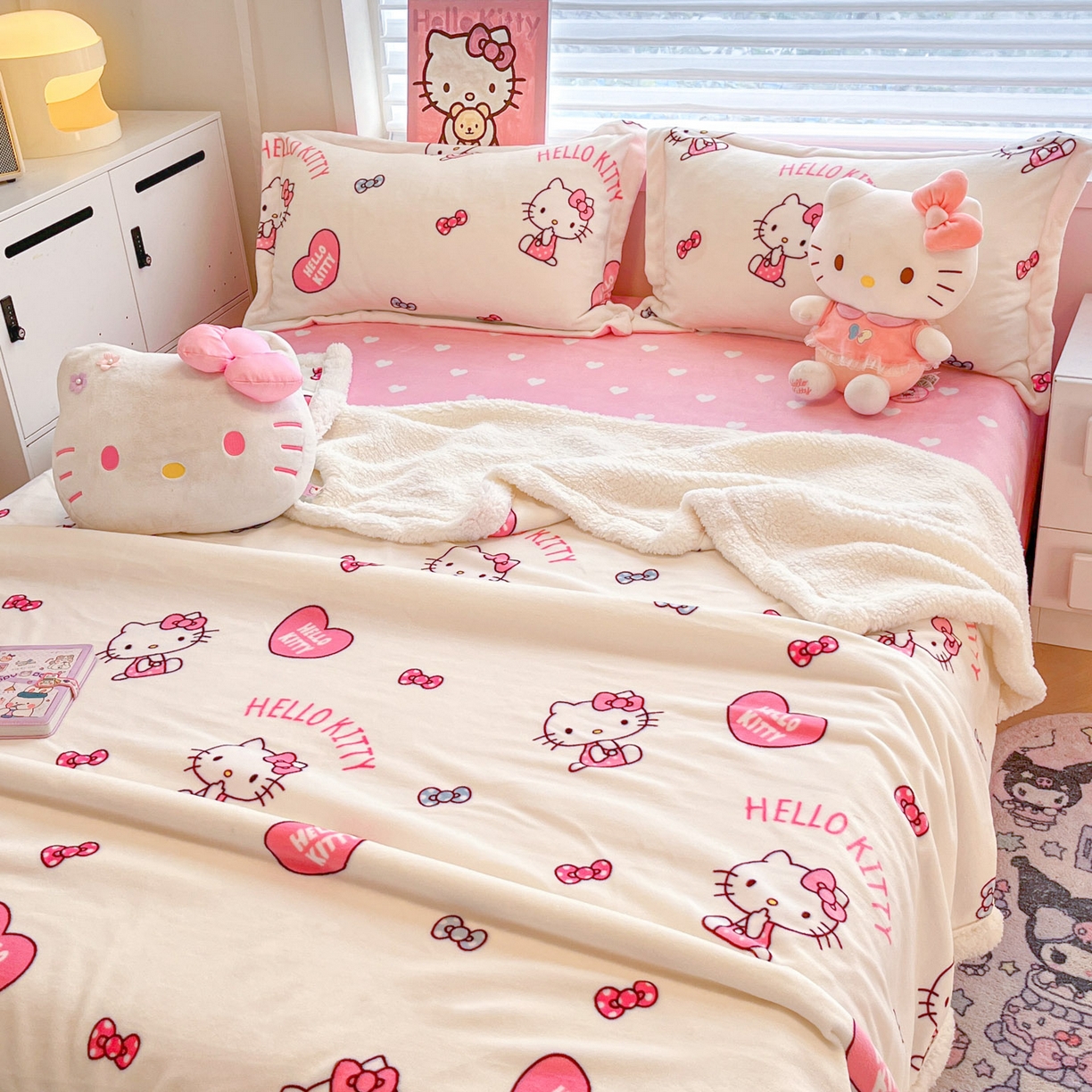 91家纺网 家纺一手货源 找家纺 暮思家居 2025新款三丽鸥正版授权少女可爱卡通加厚牛奶绒羊羔绒毛毯多功能四季毛毯四件套 羊羔绒-蝴蝶结KT