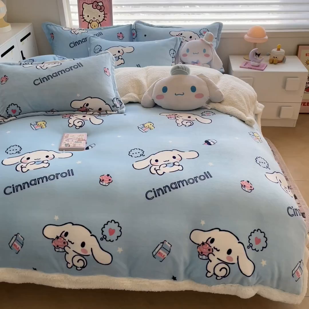 91家纺网 家纺一手货源 找家纺 暮思家居 2025新款三丽鸥正版授权少女可爱卡通加厚牛奶绒羊羔绒毛毯多功能四季毛毯四件套 羊羔绒-甜品玉桂狗