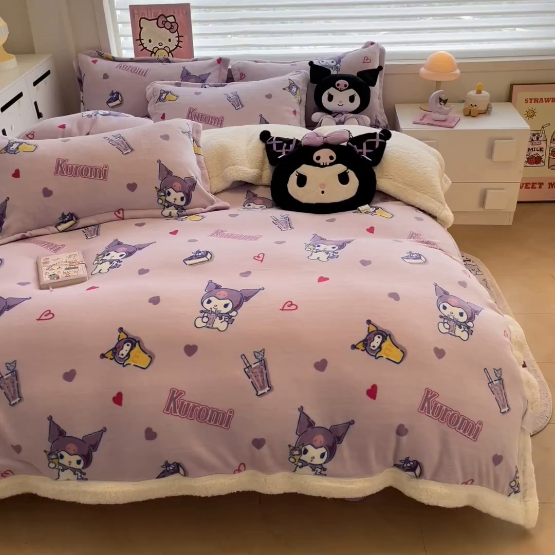 91家纺网 家纺一手货源 找家纺 （总）暮思家居 2025新款三丽鸥正版授权少女可爱卡通加厚牛奶绒羊羔绒毛毯多功能四季毛毯四件套