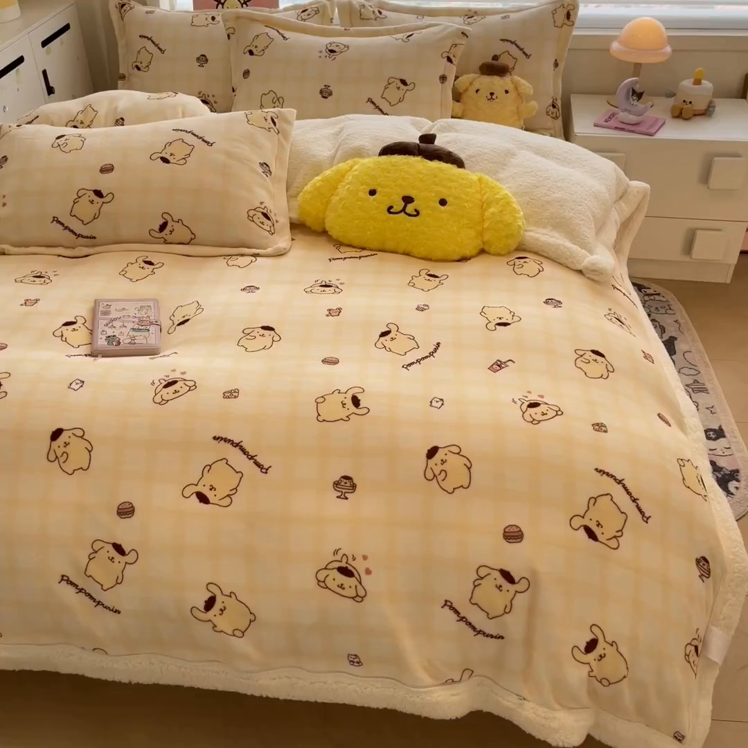 91家纺网 家纺一手货源 找家纺 暮思家居 2025新款三丽鸥正版授权少女可爱卡通加厚牛奶绒羊羔绒毛毯多功能四季毛毯四件套 羊羔绒-焦糖布丁狗