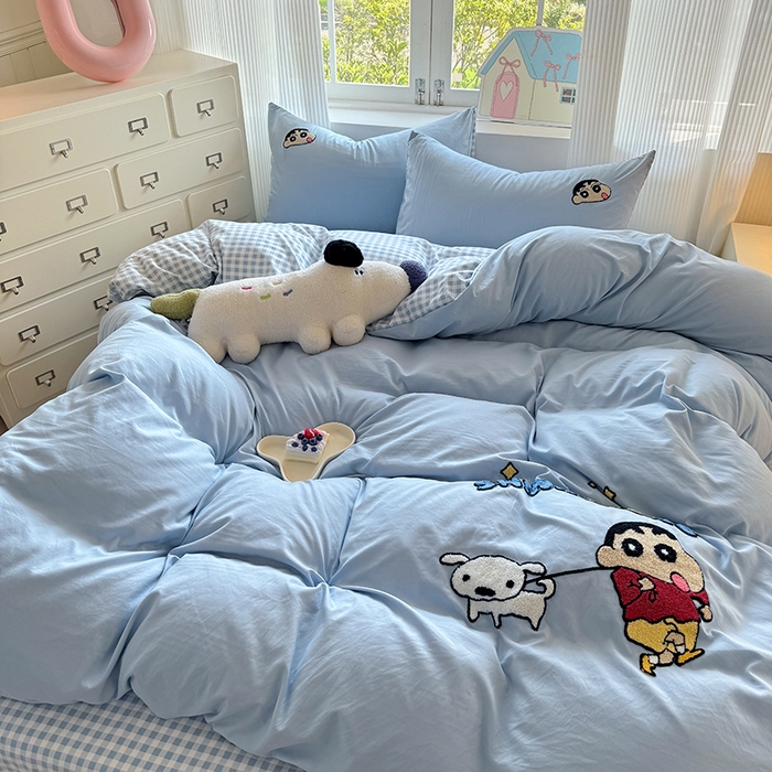 91家纺网 家纺一手货源 找家纺 沃朴家居 2025新款萌趣水洗棉毛巾绣四件套 调皮小新