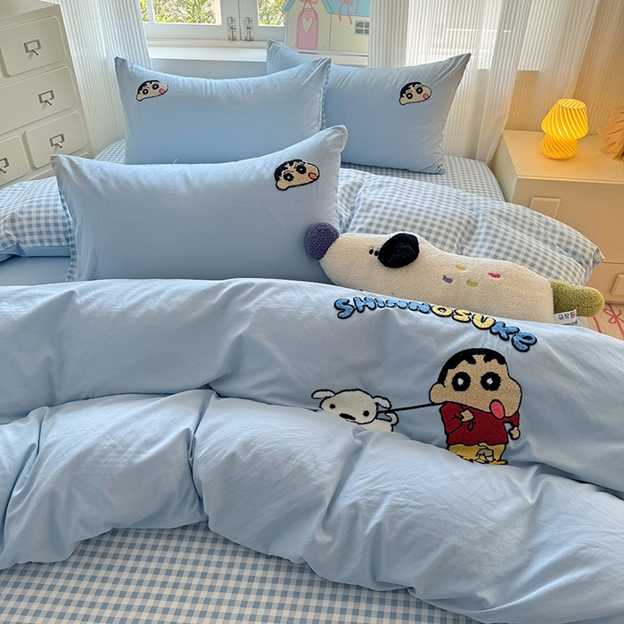 91家纺网 家纺一手货源 找家纺 沃朴家居 2025新款萌趣水洗棉毛巾绣四件套 调皮小新