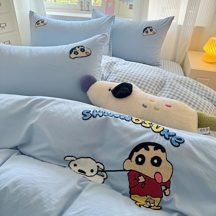 91家纺网 家纺一手货源 找家纺 沃朴家居 2025新款萌趣水洗棉毛巾绣四件套 调皮小新