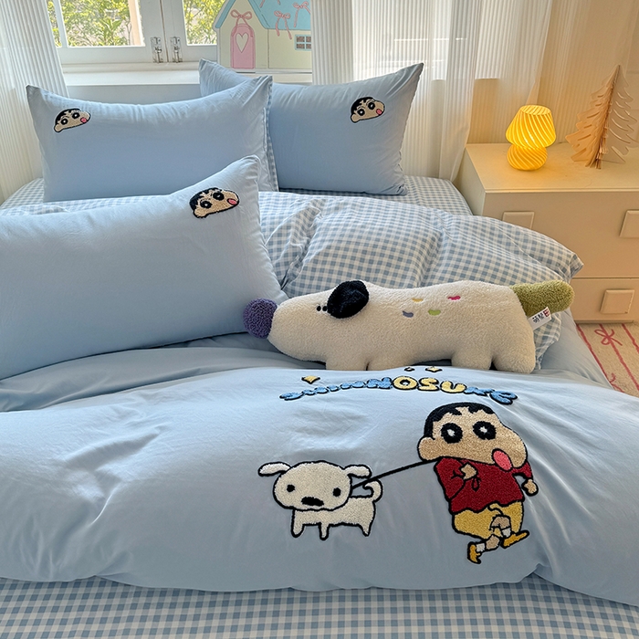 91家纺网 家纺一手货源 找家纺 沃朴家居 2025新款萌趣水洗棉毛巾绣四件套 调皮小新