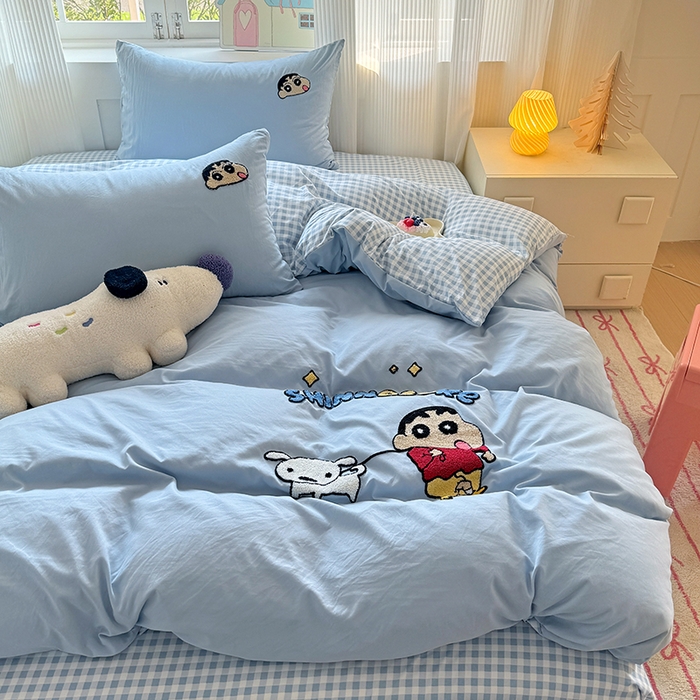 91家纺网 家纺一手货源 找家纺 沃朴家居 2025新款萌趣水洗棉毛巾绣四件套 调皮小新