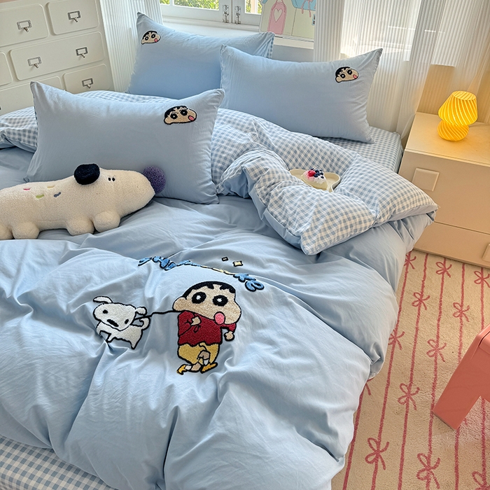 91家纺网 家纺一手货源 找家纺 沃朴家居 2025新款萌趣水洗棉毛巾绣四件套 调皮小新