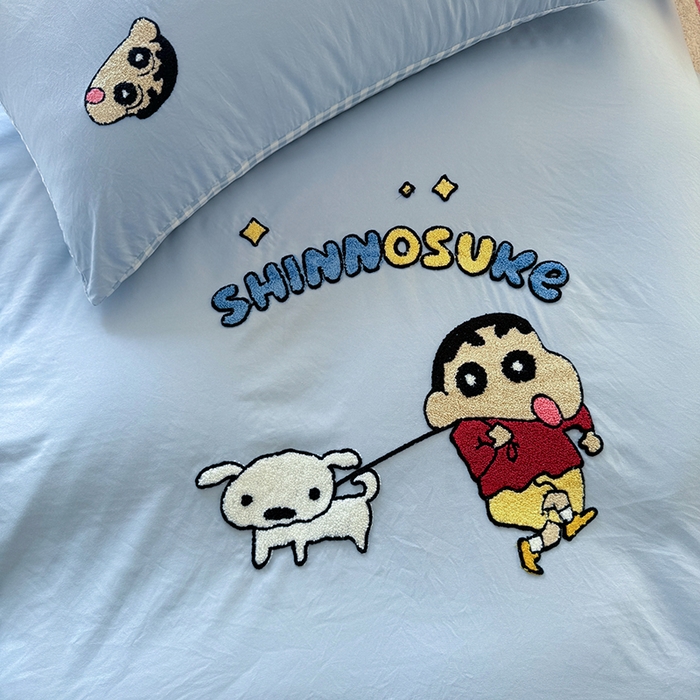 91家纺网 家纺一手货源 找家纺 沃朴家居 2025新款萌趣水洗棉毛巾绣四件套 调皮小新