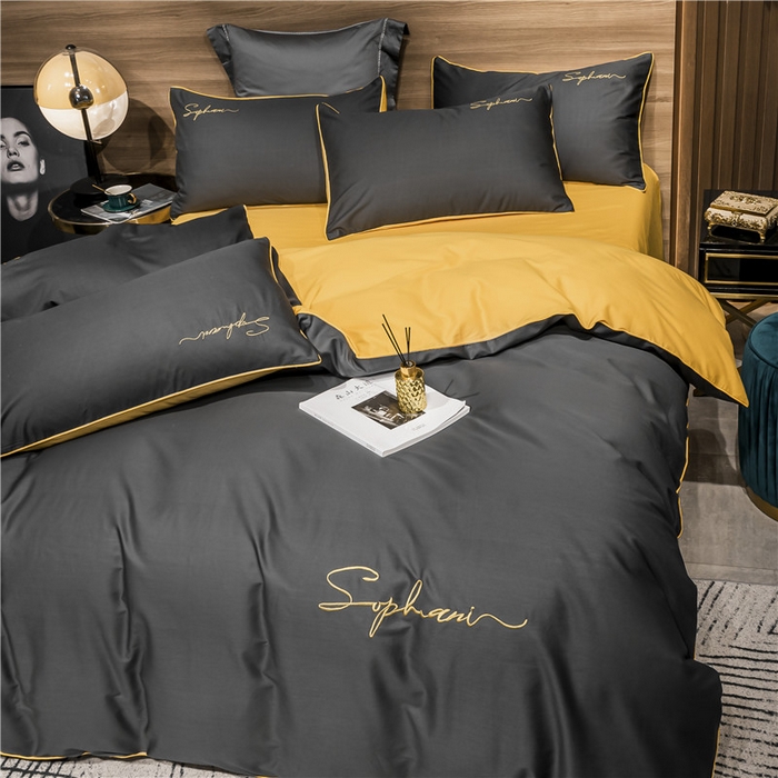 91家纺网 家纺一手货源 找家纺 小叮当家纺仓储工厂店 2025新款(热买家秀不断货)40s贡缎长绒棉纯棉字母款全棉四件套轻奢床上用品 深灰姜黄