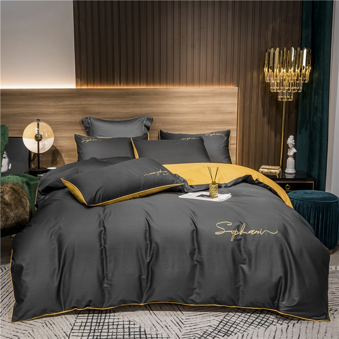 91家纺网 家纺一手货源 找家纺 小叮当家纺仓储工厂店 2025新款(热买家秀不断货)40s贡缎长绒棉纯棉字母款全棉四件套轻奢床上用品 深灰姜黄