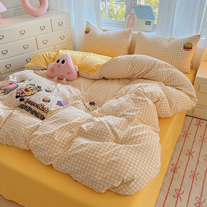 91家纺网 家纺一手货源 找家纺 沃朴家居 2025新款萌趣水洗棉毛巾绣四件套 海绵宝宝