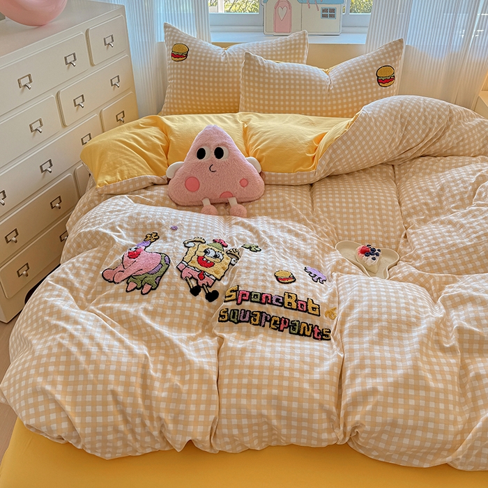 91家纺网 家纺一手货源 找家纺 沃朴家居 2025新款萌趣水洗棉毛巾绣四件套 海绵宝宝