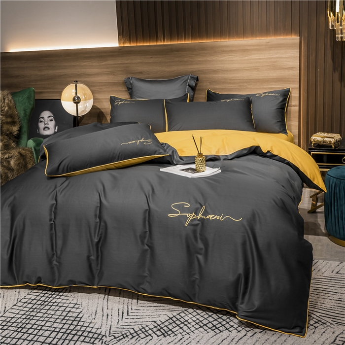 91家纺网 家纺一手货源 找家纺 小叮当家纺仓储工厂店 2025新款(热买家秀不断货)40s贡缎长绒棉纯棉字母款全棉四件套轻奢床上用品 深灰姜黄