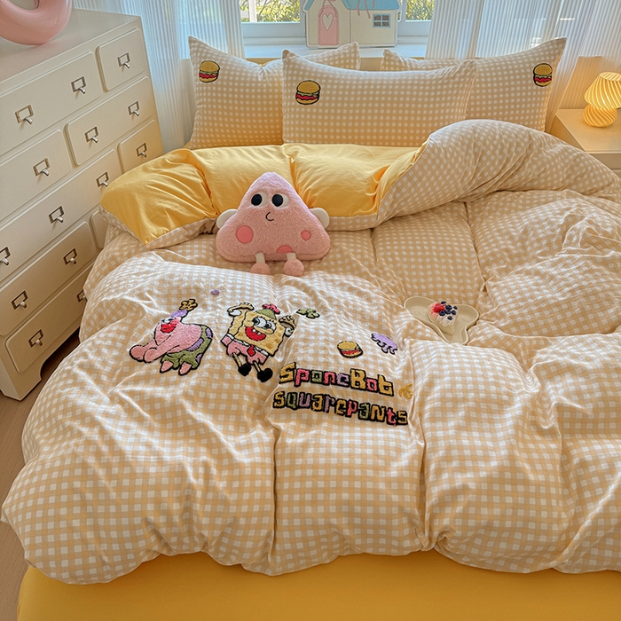 91家纺网 家纺一手货源 找家纺 沃朴家居 2025新款萌趣水洗棉毛巾绣四件套 海绵宝宝