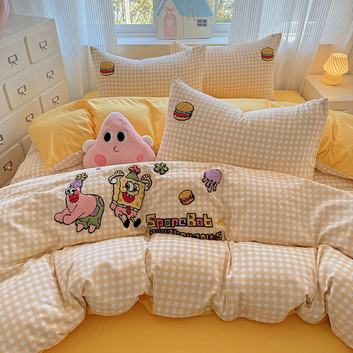 91家纺网 家纺一手货源 找家纺 沃朴家居 2025新款萌趣水洗棉毛巾绣四件套 海绵宝宝