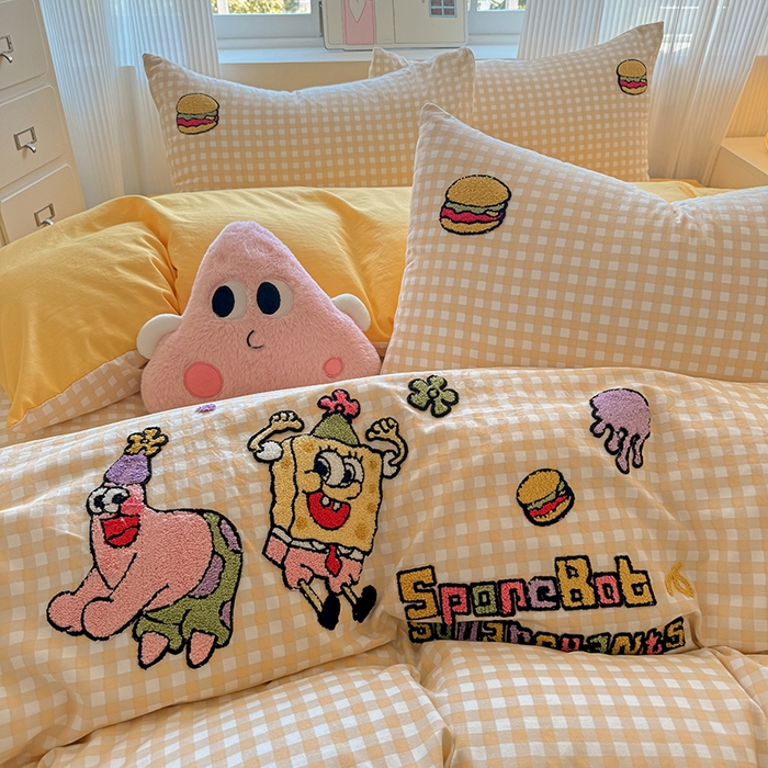 91家纺网 家纺一手货源 找家纺 沃朴家居 2025新款萌趣水洗棉毛巾绣四件套 海绵宝宝