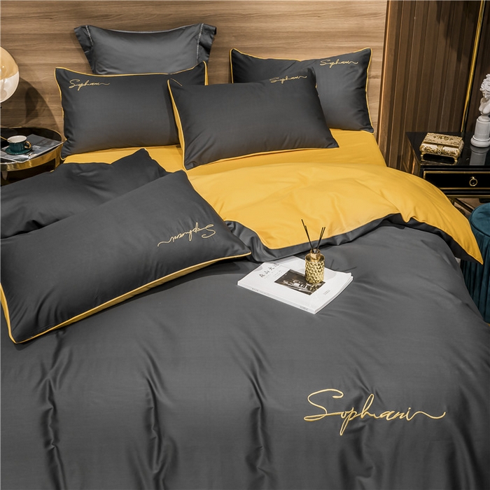 91家纺网 家纺一手货源 找家纺 小叮当家纺仓储工厂店 2025新款(热买家秀不断货)40s贡缎长绒棉纯棉字母款全棉四件套轻奢床上用品 深灰姜黄