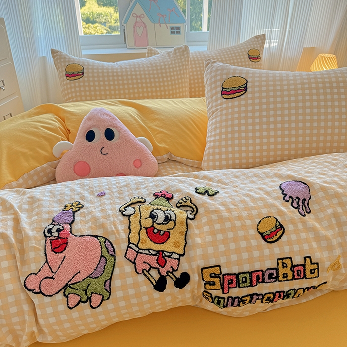 91家纺网 家纺一手货源 找家纺 沃朴家居 2025新款萌趣水洗棉毛巾绣四件套 海绵宝宝