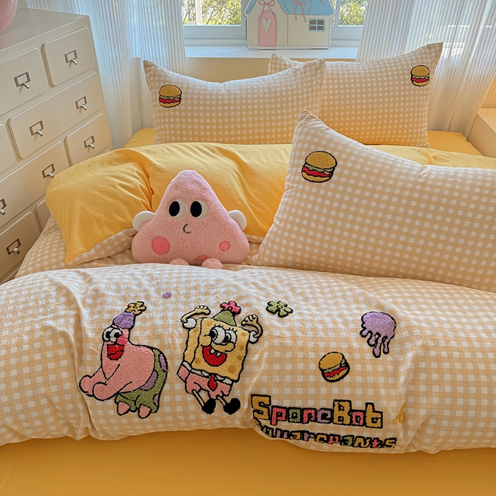 91家纺网 家纺一手货源 找家纺 沃朴家居 2025新款萌趣水洗棉毛巾绣四件套 海绵宝宝