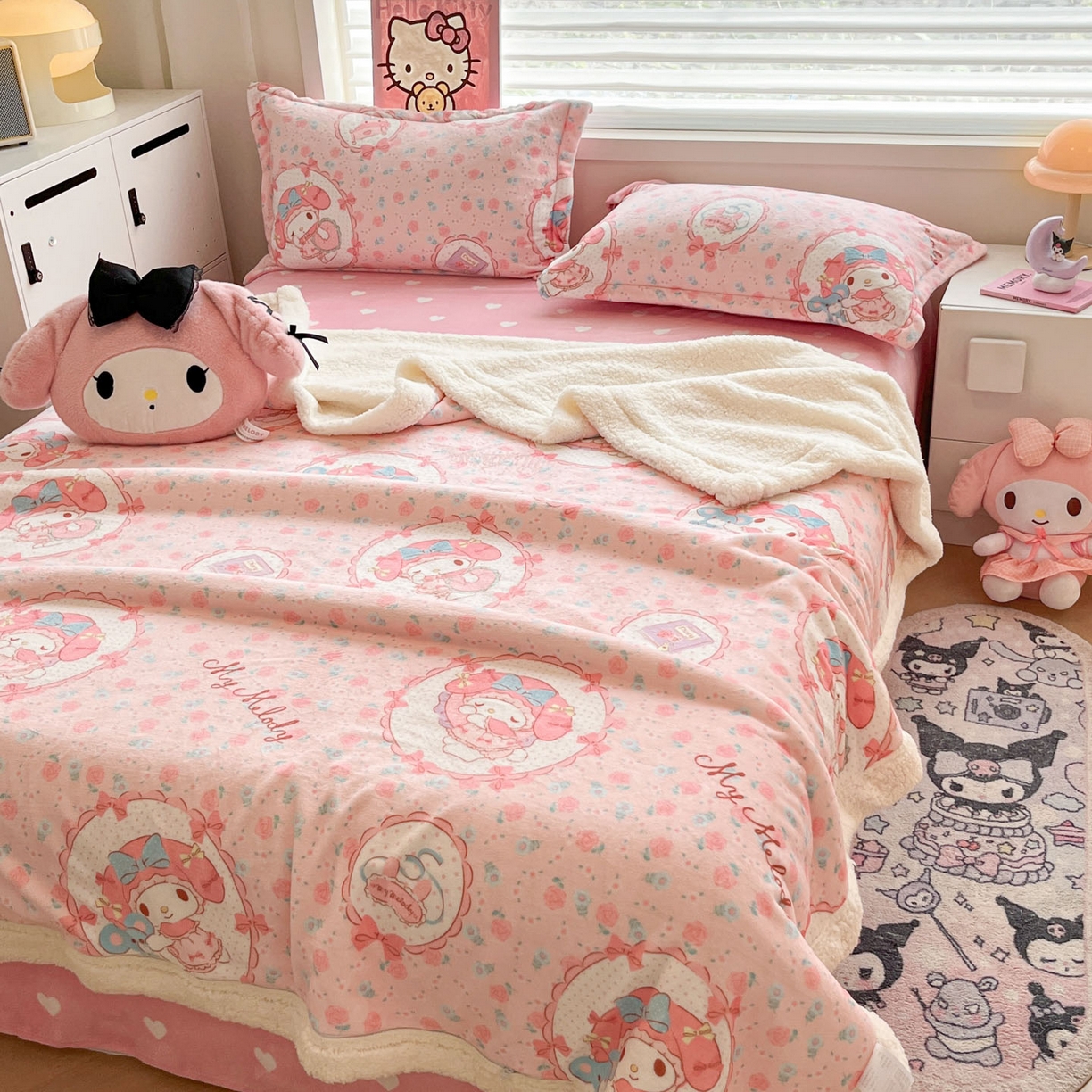 91家纺网 家纺一手货源 找家纺 暮思家居 2025新款三丽鸥正版授权少女可爱卡通加厚牛奶绒羊羔绒毛毯多功能四季毛毯四件套 羊羔绒-花花美乐蒂