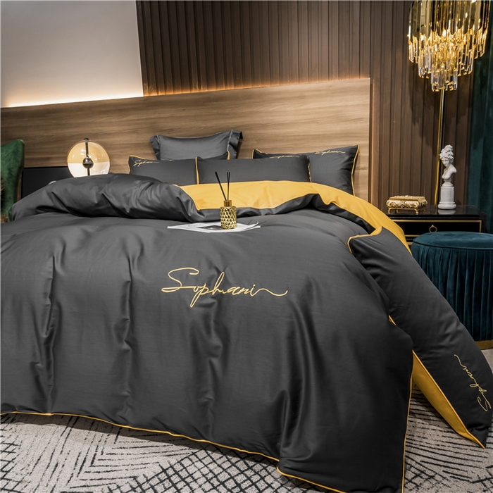 91家纺网 家纺一手货源 找家纺 小叮当家纺仓储工厂店 2025新款(热买家秀不断货)40s贡缎长绒棉纯棉字母款全棉四件套轻奢床上用品 深灰姜黄