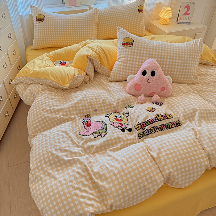 91家纺网 家纺一手货源 找家纺 沃朴家居 2025新款萌趣水洗棉毛巾绣四件套 海绵宝宝