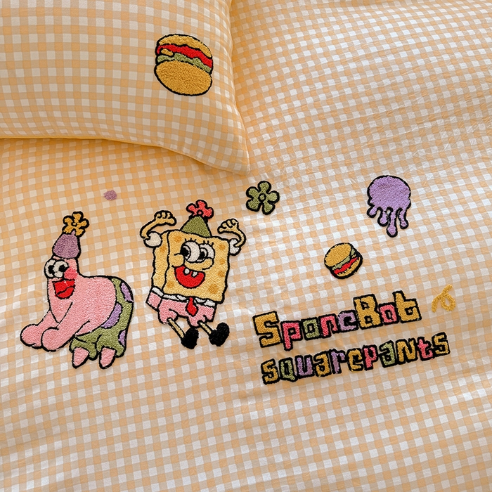 91家纺网 家纺一手货源 找家纺 沃朴家居 2025新款萌趣水洗棉毛巾绣四件套 海绵宝宝