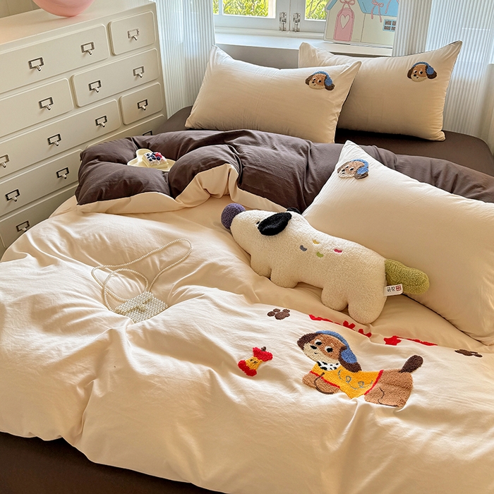 91家纺网 家纺一手货源 找家纺 沃朴家居 2025新款萌趣水洗棉毛巾绣四件套 腊肠音乐狗