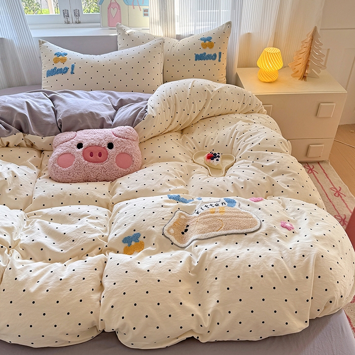 91家纺网 家纺一手货源 找家纺 沃朴家居 2025新款萌趣水洗棉毛巾绣四件套 趴睡猫咪