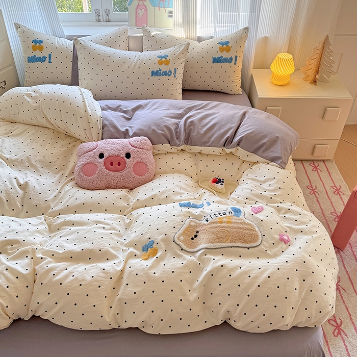 91家纺网 家纺一手货源 找家纺 沃朴家居 2025新款萌趣水洗棉毛巾绣四件套 趴睡猫咪