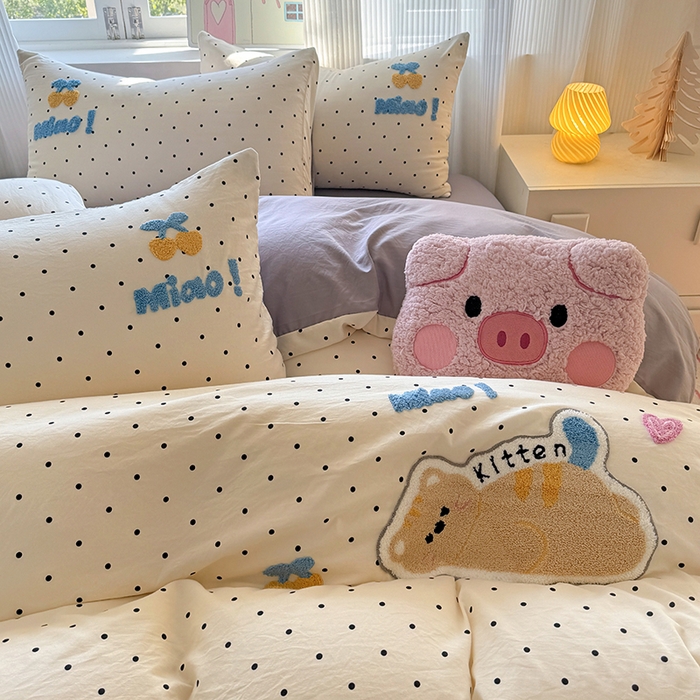 91家纺网 家纺一手货源 找家纺 沃朴家居 2025新款萌趣水洗棉毛巾绣四件套 趴睡猫咪