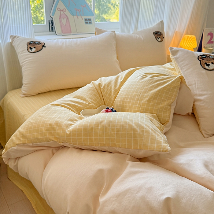 91家纺网 家纺一手货源 找家纺 沃朴家居 2025新款萌趣水洗棉毛巾绣四件套 小熊同学