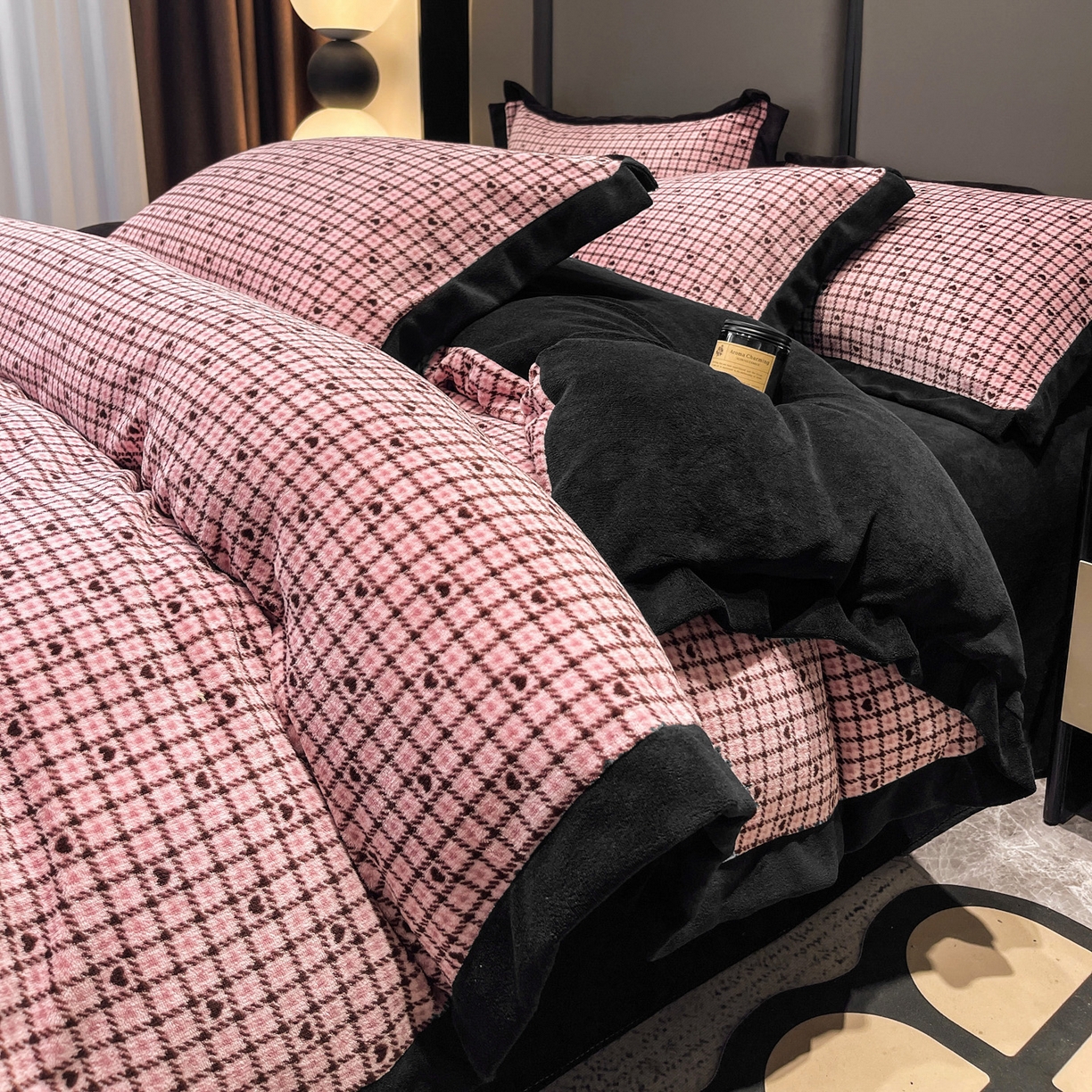 美洲琳 2025新款高克重牛奶绒印花四件套 波点爱心-粉