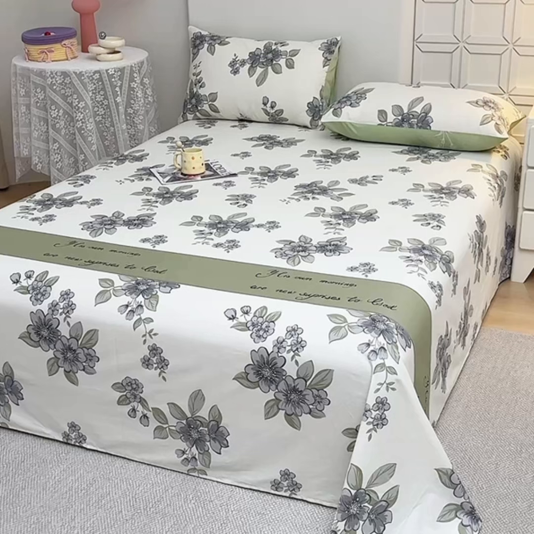 91家纺网 家纺一手货源 找家纺 宇彬家纺 2025直播新款13070全棉纯棉印花双人单床单枕套三件套喷气小清新简约学生被单 暗香