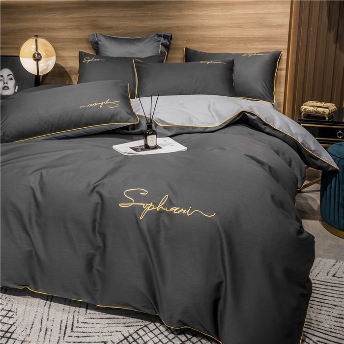 91家纺网 家纺一手货源 找家纺 小叮当家纺仓储工厂店 2025新款(热买家秀不断货)40s贡缎长绒棉纯棉字母款全棉四件套轻奢床上用品 深灰浅灰