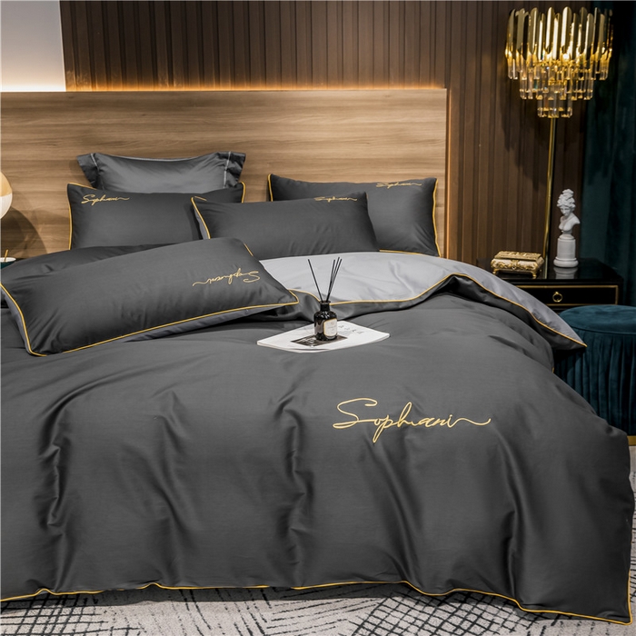 91家纺网 家纺一手货源 找家纺 小叮当家纺仓储工厂店 2025新款(热买家秀不断货)40s贡缎长绒棉纯棉字母款全棉四件套轻奢床上用品 深灰浅灰