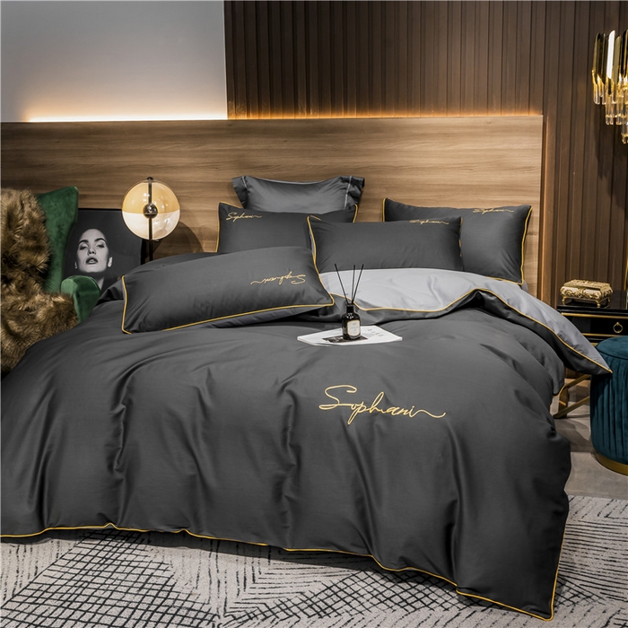 91家纺网 家纺一手货源 找家纺 小叮当家纺仓储工厂店 2025新款(热买家秀不断货)40s贡缎长绒棉纯棉字母款全棉四件套轻奢床上用品 深灰浅灰