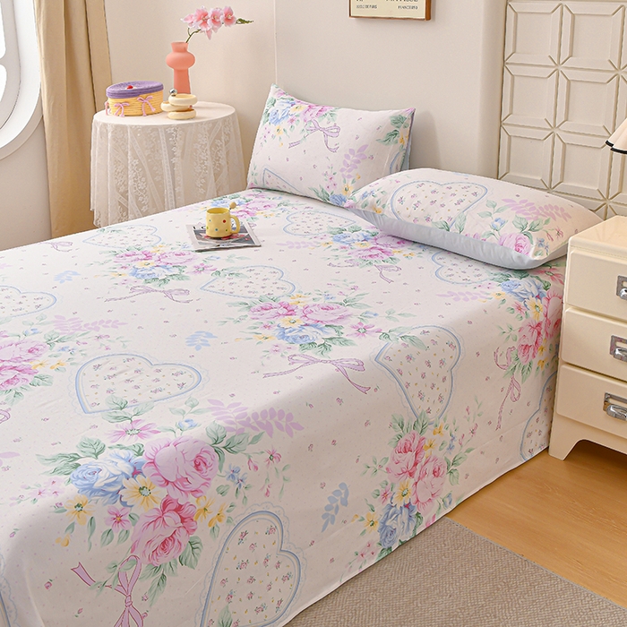 91家纺网 家纺一手货源 找家纺 宇彬家纺 2025直播新款13070全棉纯棉印花双人单床单枕套三件套喷气小清新简约学生被单 粉蓝心韵