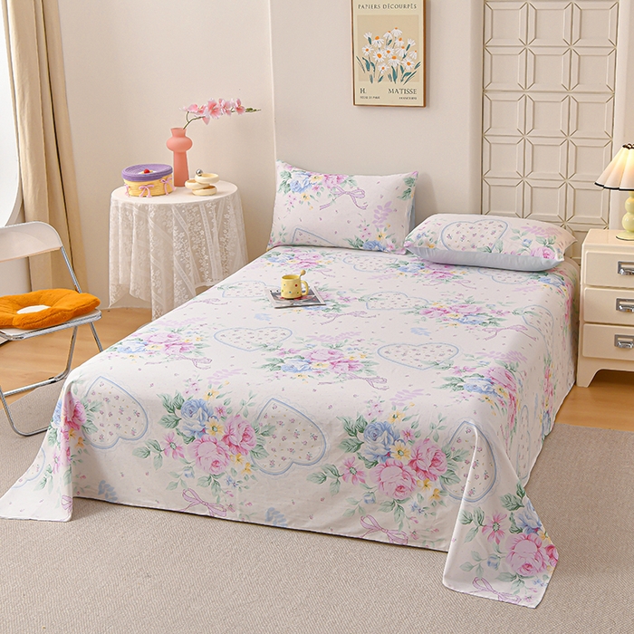 91家纺网 家纺一手货源 找家纺 宇彬家纺 2025直播新款13070全棉纯棉印花双人单床单枕套三件套喷气小清新简约学生被单 粉蓝心韵