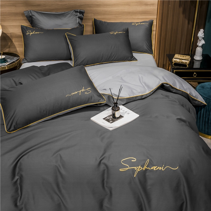 91家纺网 家纺一手货源 找家纺 小叮当家纺仓储工厂店 2025新款(热买家秀不断货)40s贡缎长绒棉纯棉字母款全棉四件套轻奢床上用品 深灰浅灰