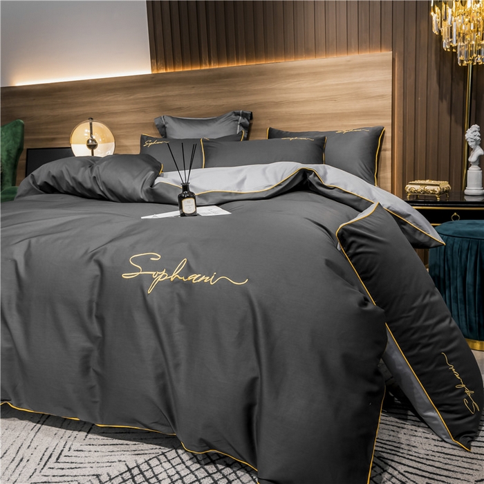 91家纺网 家纺一手货源 找家纺 小叮当家纺仓储工厂店 2025新款(热买家秀不断货)40s贡缎长绒棉纯棉字母款全棉四件套轻奢床上用品 深灰浅灰