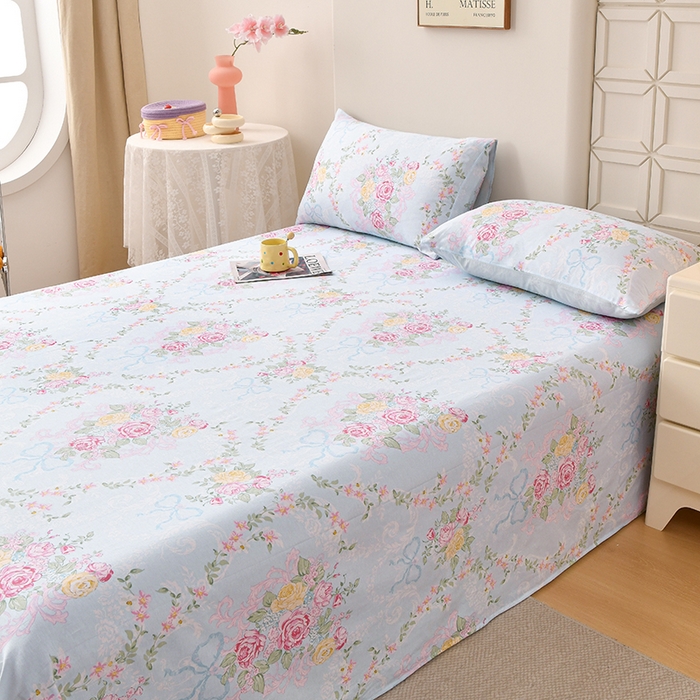 91家纺网 家纺一手货源 找家纺 宇彬家纺 2025直播新款13070全棉纯棉印花双人单床单枕套三件套喷气小清新简约学生被单 米蓝韵花影