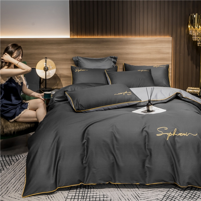 91家纺网 家纺一手货源 找家纺 小叮当家纺仓储工厂店 2025新款(热买家秀不断货)40s贡缎长绒棉纯棉字母款全棉四件套轻奢床上用品 深灰浅灰