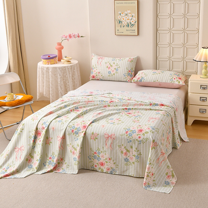 91家纺网 家纺一手货源 找家纺 宇彬家纺 2025直播新款13070全棉纯棉印花双人单床单枕套三件套喷气小清新简约学生被单 清婉花语