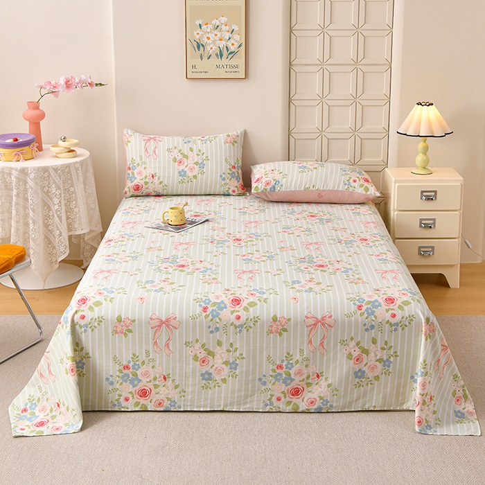 宇彬家纺 2025直播新款13070全棉纯棉印花双人单床单枕套三件套喷气小清新简约学生被单 清婉花语