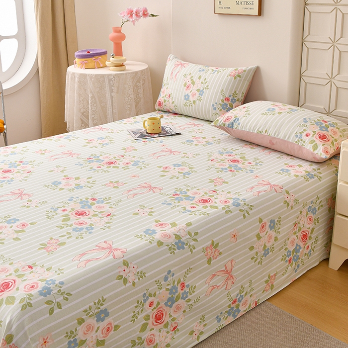 91家纺网 家纺一手货源 找家纺 宇彬家纺 2025直播新款13070全棉纯棉印花双人单床单枕套三件套喷气小清新简约学生被单 清婉花语