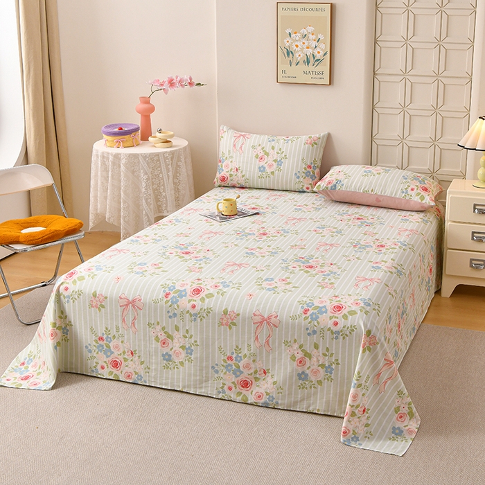 91家纺网 家纺一手货源 找家纺 宇彬家纺 2025直播新款13070全棉纯棉印花双人单床单枕套三件套喷气小清新简约学生被单 清婉花语