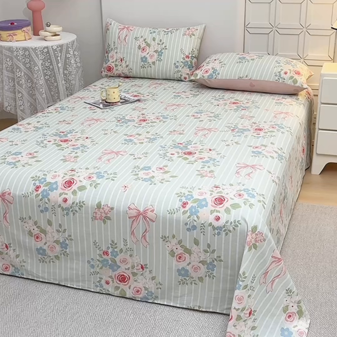 91家纺网 家纺一手货源 找家纺 宇彬家纺 2025直播新款13070全棉纯棉印花双人单床单枕套三件套喷气小清新简约学生被单 清婉花语